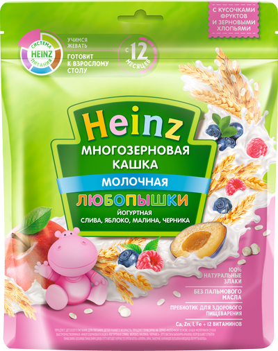 Heinz Любопышки Многозерновая йогуртная кашка со сливой, яблоком, малиной и черникой