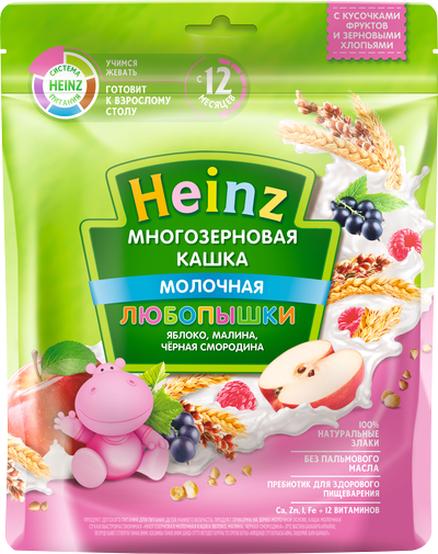 Heinz Любопышки Многозерновая молочная кашка с яблоком, малиной и черной смородиной