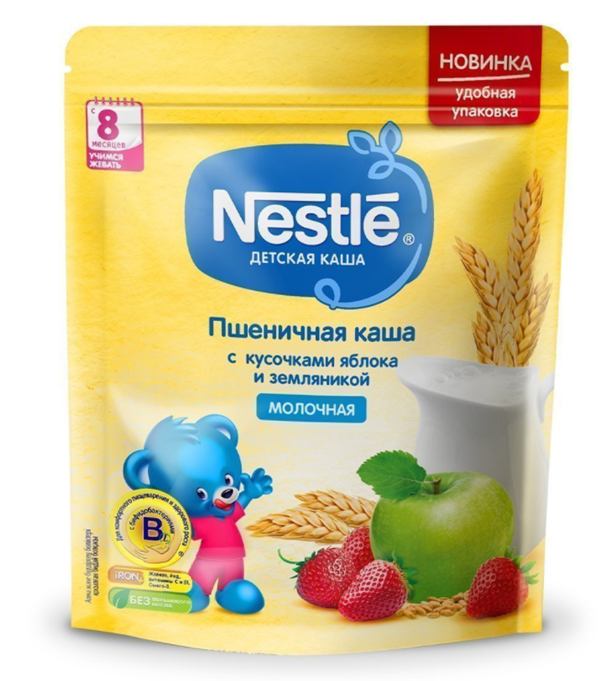 NESTLE Каша молочная пшеничная с кусочками яблока и земляникой 220 г (8+)