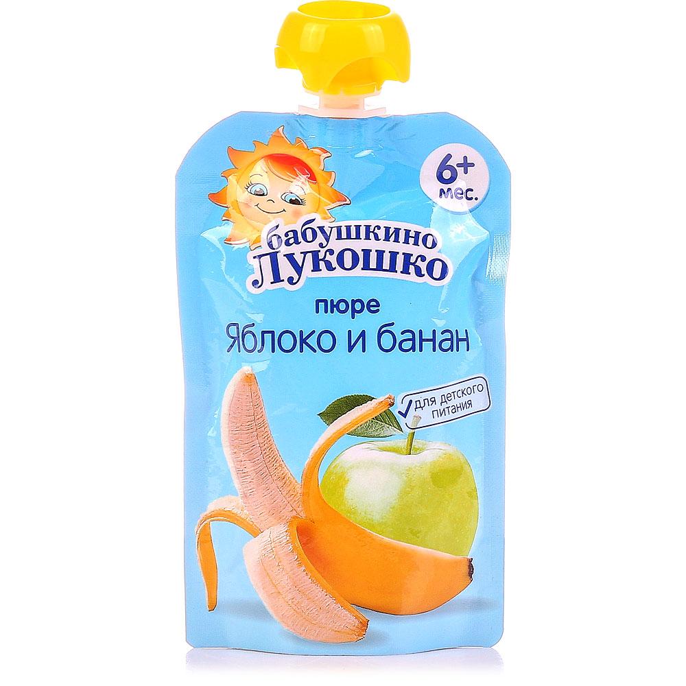 Бабушкино Лукошко Пюре Яблоко-банан с творогом (пауч) 90 г (6+)