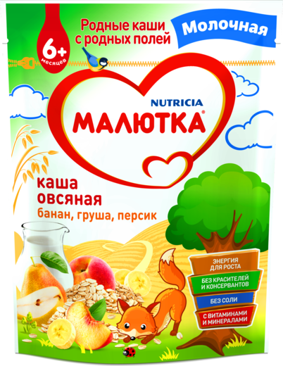 МАЛЮТКА Молочная овсяная каша с бананом, грушей и персиком