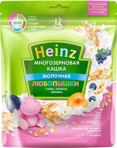 Heinz Любопышки Многозерновая молочная кашка со сливой, абрикосом и черникой