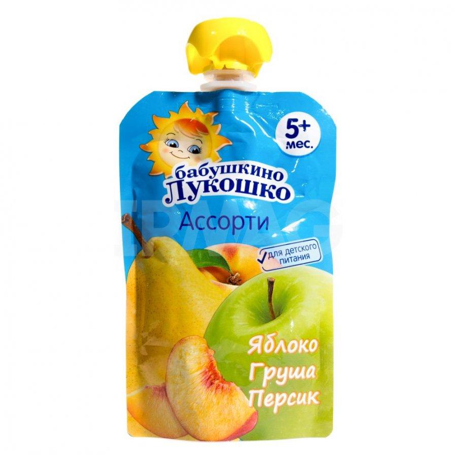 Бабушкино Лукошко Пюре Яблоко-груша-персик (пауч) 90 г (5+)