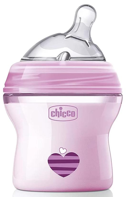 Chiccо Natural Feeling Бутылка с силиконовой наклонной соской, розовая, 150 мл (0+)
