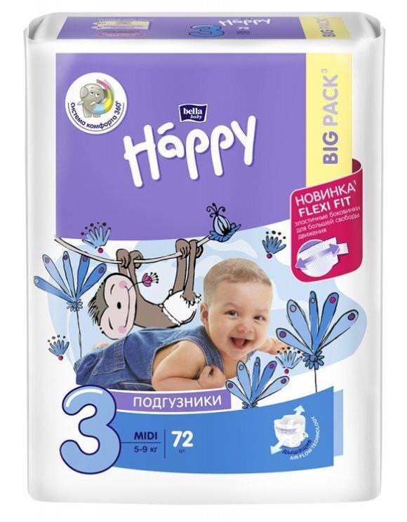 Подгузники Baby Happy Midi 3 (5-9кг): 72 шт.