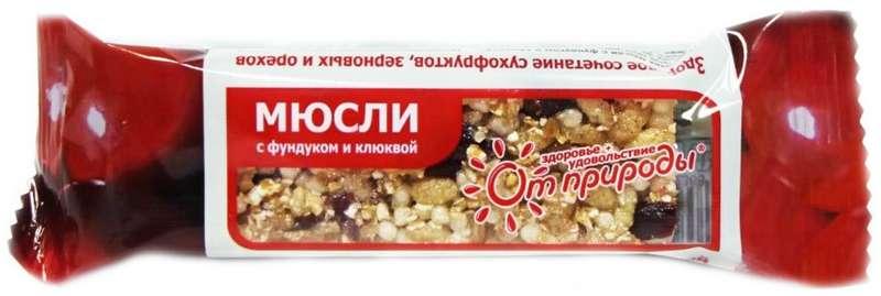 Батонч.мюсли фундук-клюква 25г на фрукт. «От природы» (Р) (ПТ)