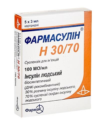 Фармасулин Н 30/70 картридж-ампула 100МЕ\мл 3 мл: 5 шт.